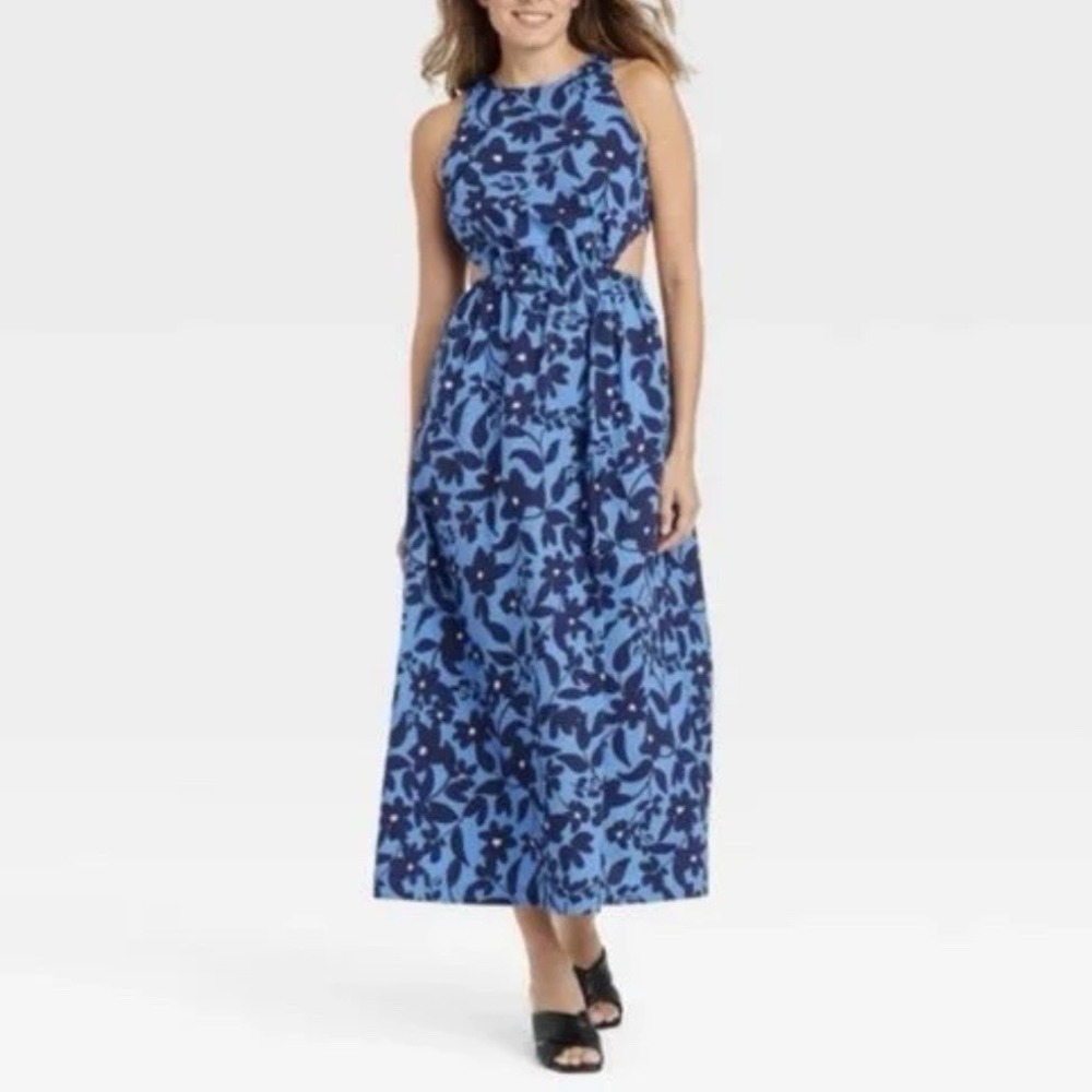 Who What Wear Blue Floral Cut Out Maxi Dress L‎ Cotton Pockets Coastal Nautical